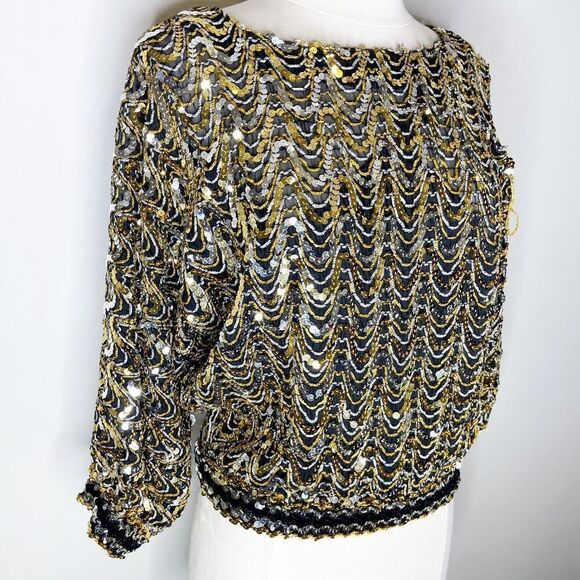 Vintage 80s Three Flaggs XS Sequin Top Black Gold Flashy Dolman Blouse Stretch - Picture 12 of 16